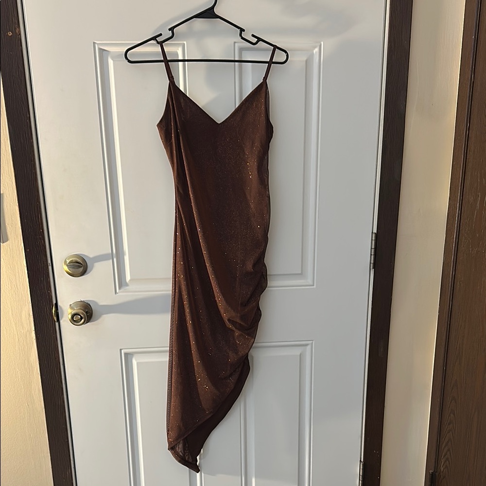 Women’s size large asymmetrical brown glitter dress